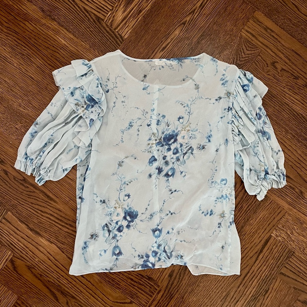 Beautiful Timeless LoveShackFancy SILK Floral Romantic Blouse Ruffle sleeves too - Picture 3 of 6